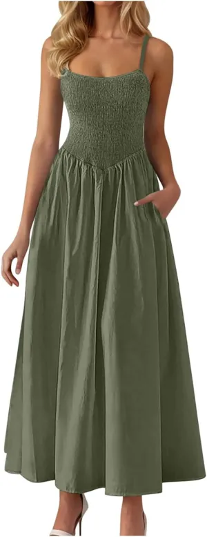 Smocked Maxi Dresses for Women Summer Beach Sundress Casual Spaghetti Strap Flowy A Line Swing Long Dress with Pockets