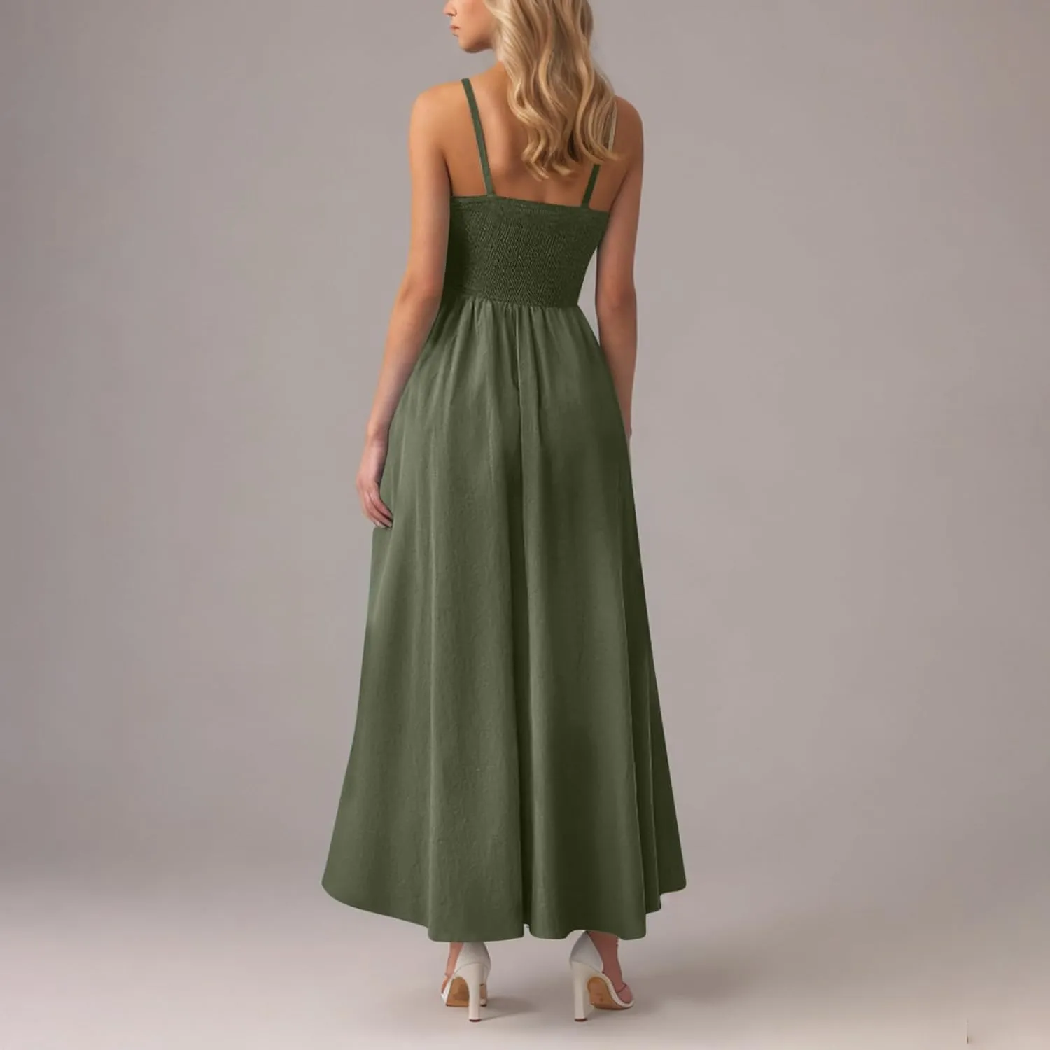 Smocked Maxi Dresses for Women Summer Beach Sundress Casual Spaghetti Strap Flowy A Line Swing Long Dress with Pockets