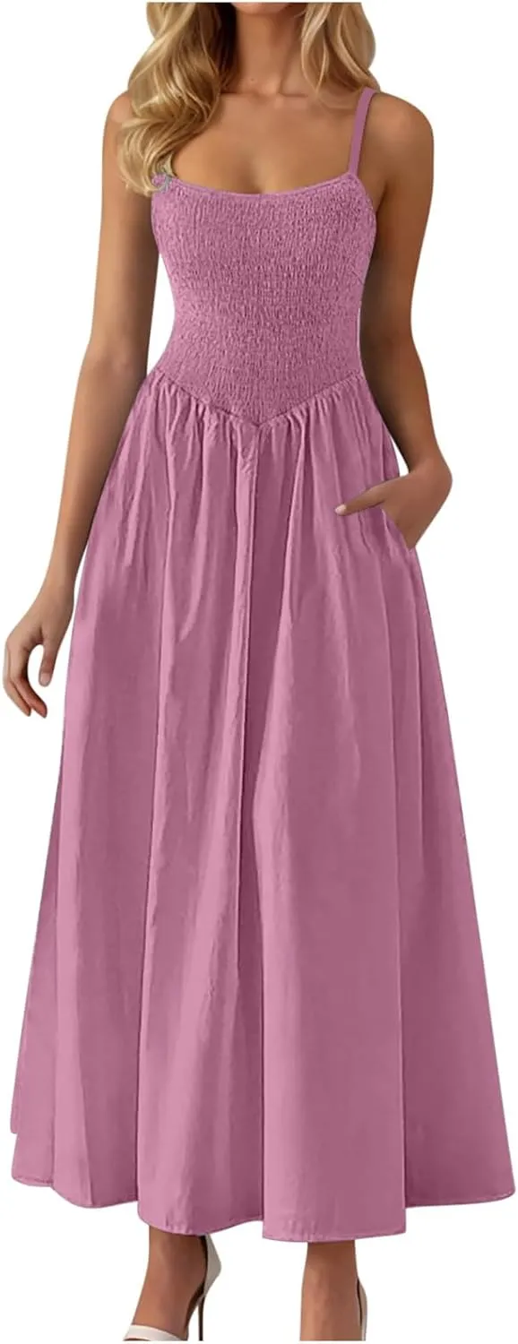 Smocked Maxi Dresses for Women Summer Beach Sundress Casual Spaghetti Strap Flowy A Line Swing Long Dress with Pockets