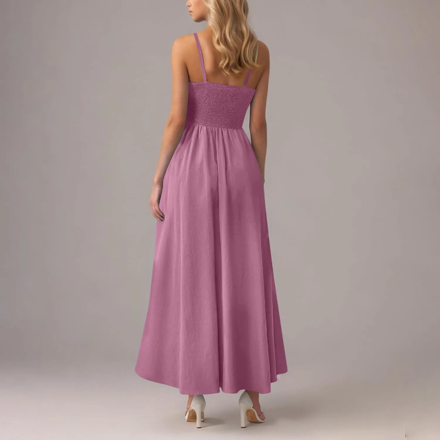 Smocked Maxi Dresses for Women Summer Beach Sundress Casual Spaghetti Strap Flowy A Line Swing Long Dress with Pockets