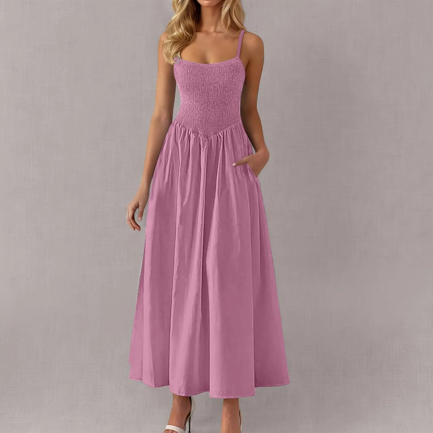 Smocked Maxi Dresses for Women Summer Beach Sundress Casual Spaghetti Strap Flowy A Line Swing Long Dress with Pockets