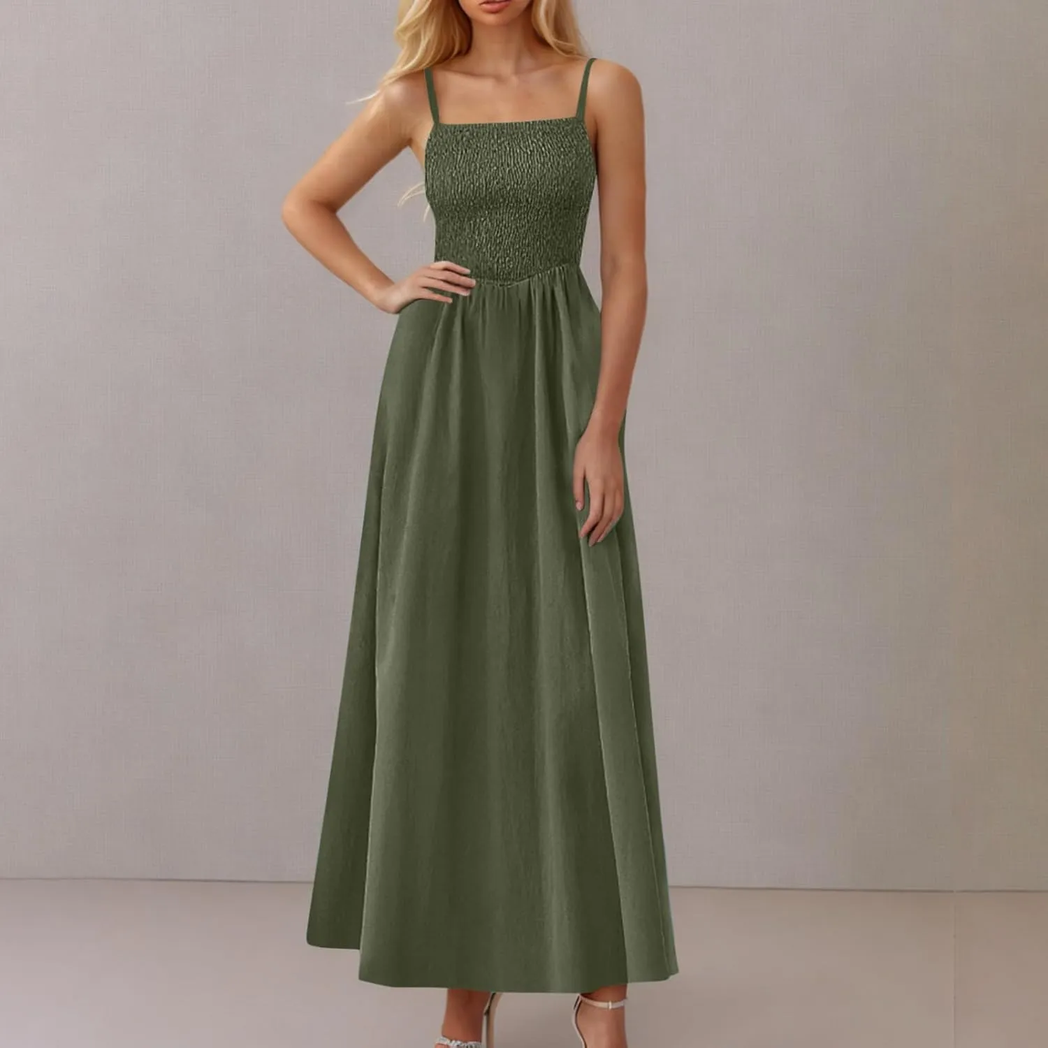 Smocked Maxi Dresses for Women Summer Beach Sundress Casual Spaghetti Strap Flowy A Line Swing Long Dress with Pockets