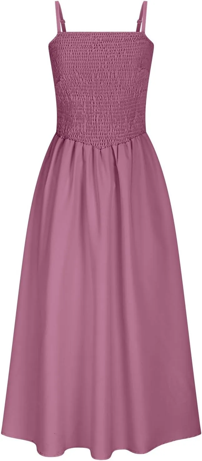 Smocked Maxi Dresses for Women Summer Beach Sundress Casual Spaghetti Strap Flowy A Line Swing Long Dress with Pockets