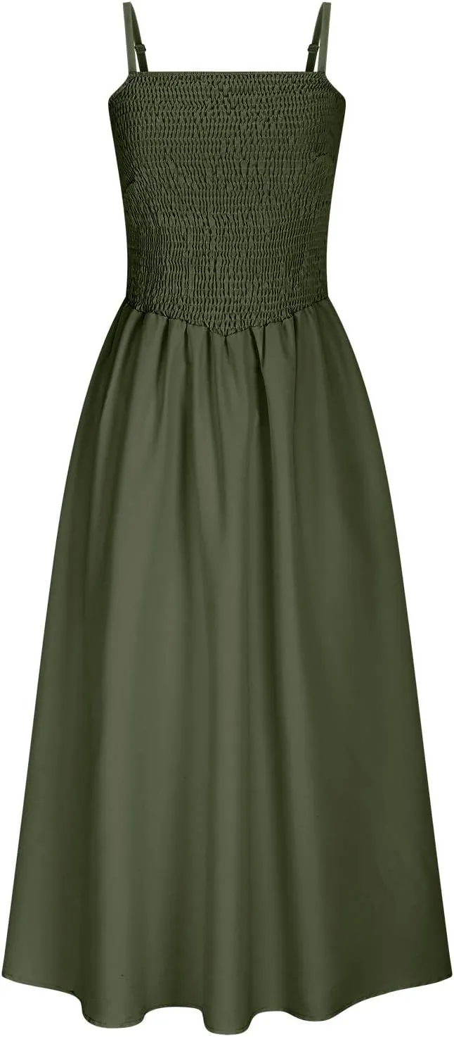 Smocked Maxi Dresses for Women Summer Beach Sundress Casual Spaghetti Strap Flowy A Line Swing Long Dress with Pockets