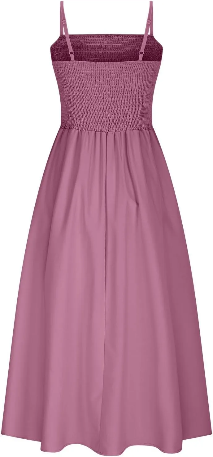 Smocked Maxi Dresses for Women Summer Beach Sundress Casual Spaghetti Strap Flowy A Line Swing Long Dress with Pockets