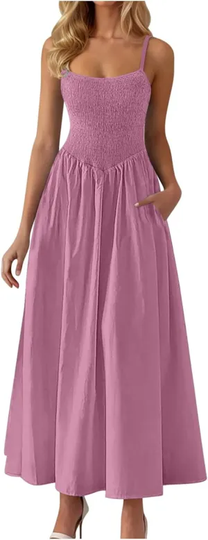 Smocked Maxi Dresses for Women Summer Beach Sundress Casual Spaghetti Strap Flowy A Line Swing Long Dress with Pockets