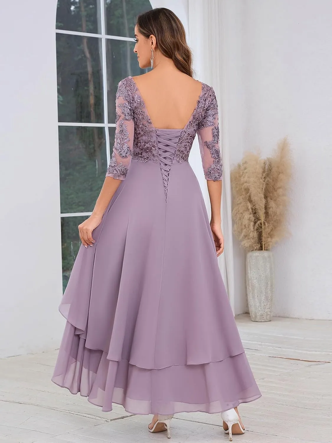 SOLODISH Mother of The Bride Dresses for Wedding Asymmetric Lace Chiffon High Low Formal Evening Party Gown