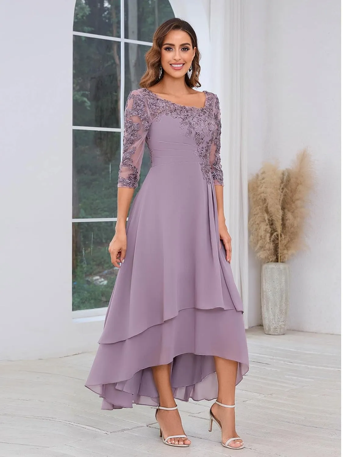 SOLODISH Mother of The Bride Dresses for Wedding Asymmetric Lace Chiffon High Low Formal Evening Party Gown