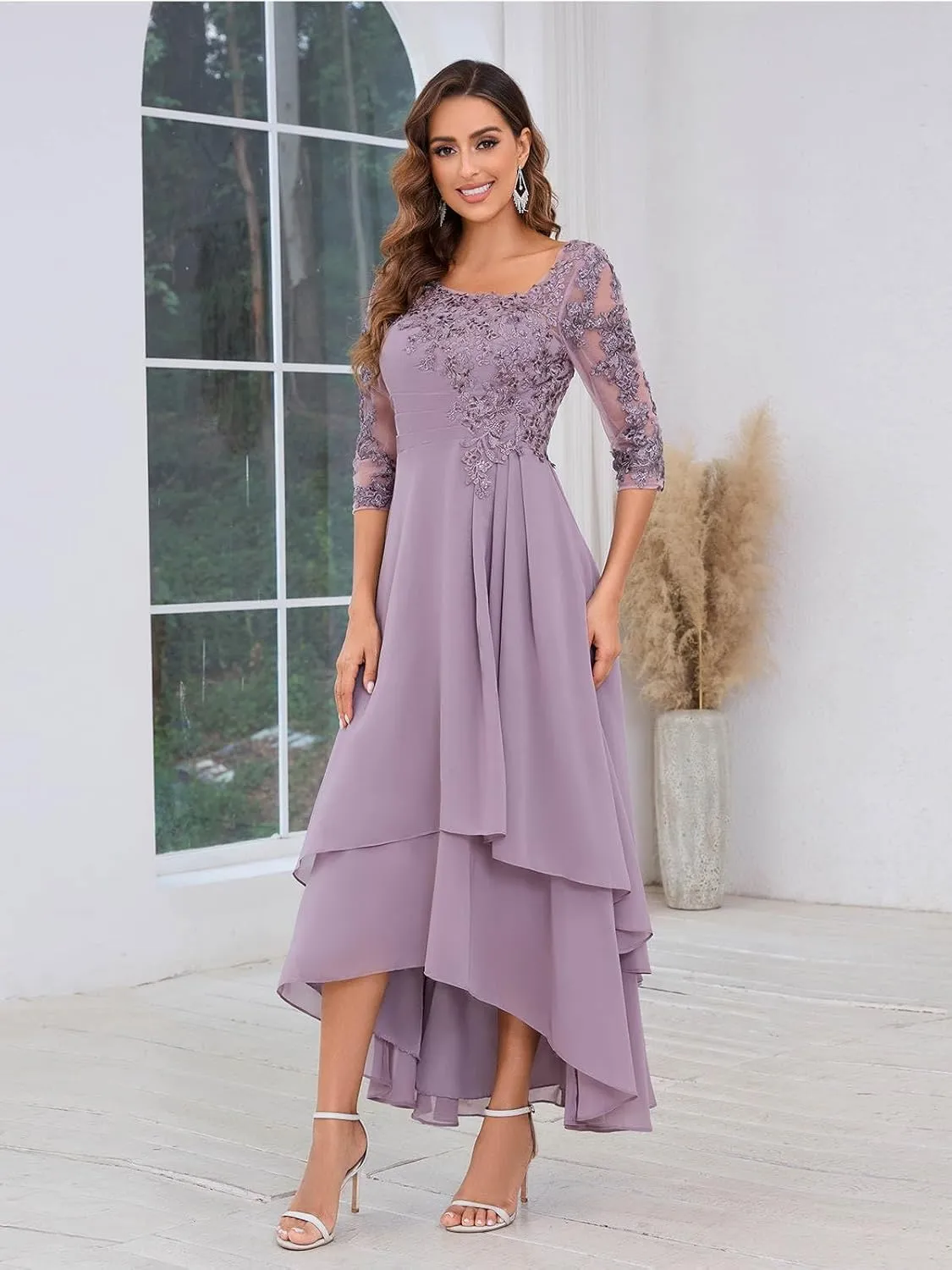 SOLODISH Mother of The Bride Dresses for Wedding Asymmetric Lace Chiffon High Low Formal Evening Party Gown