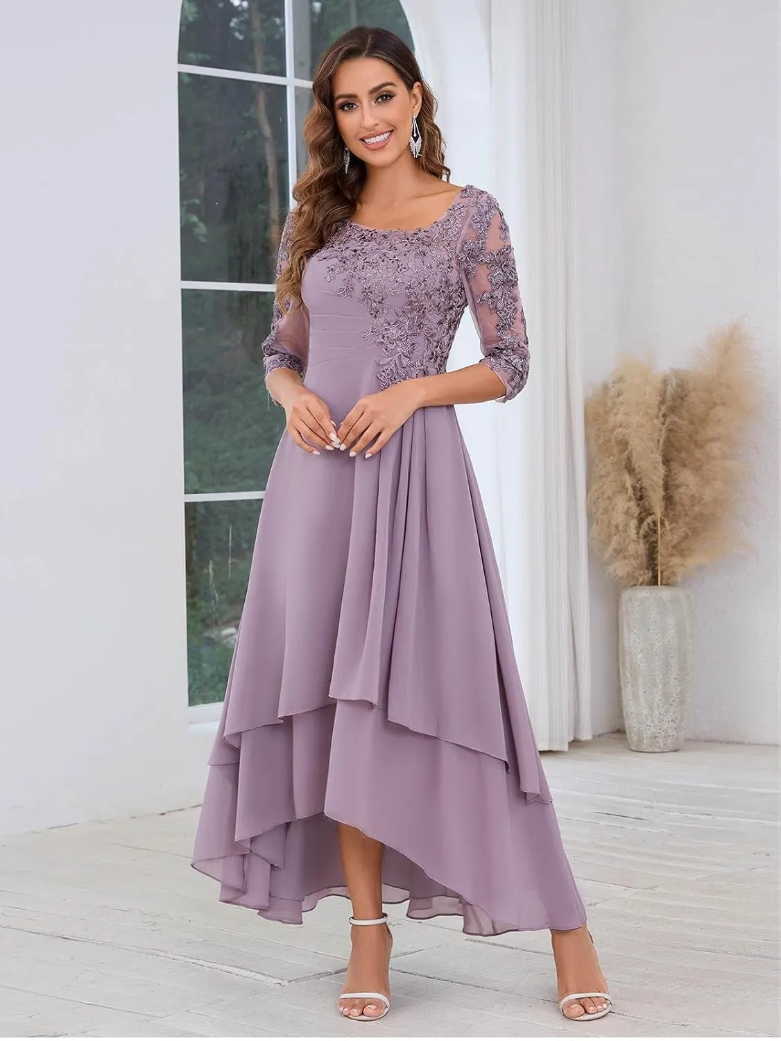 SOLODISH Mother of The Bride Dresses for Wedding Asymmetric Lace Chiffon High Low Formal Evening Party Gown