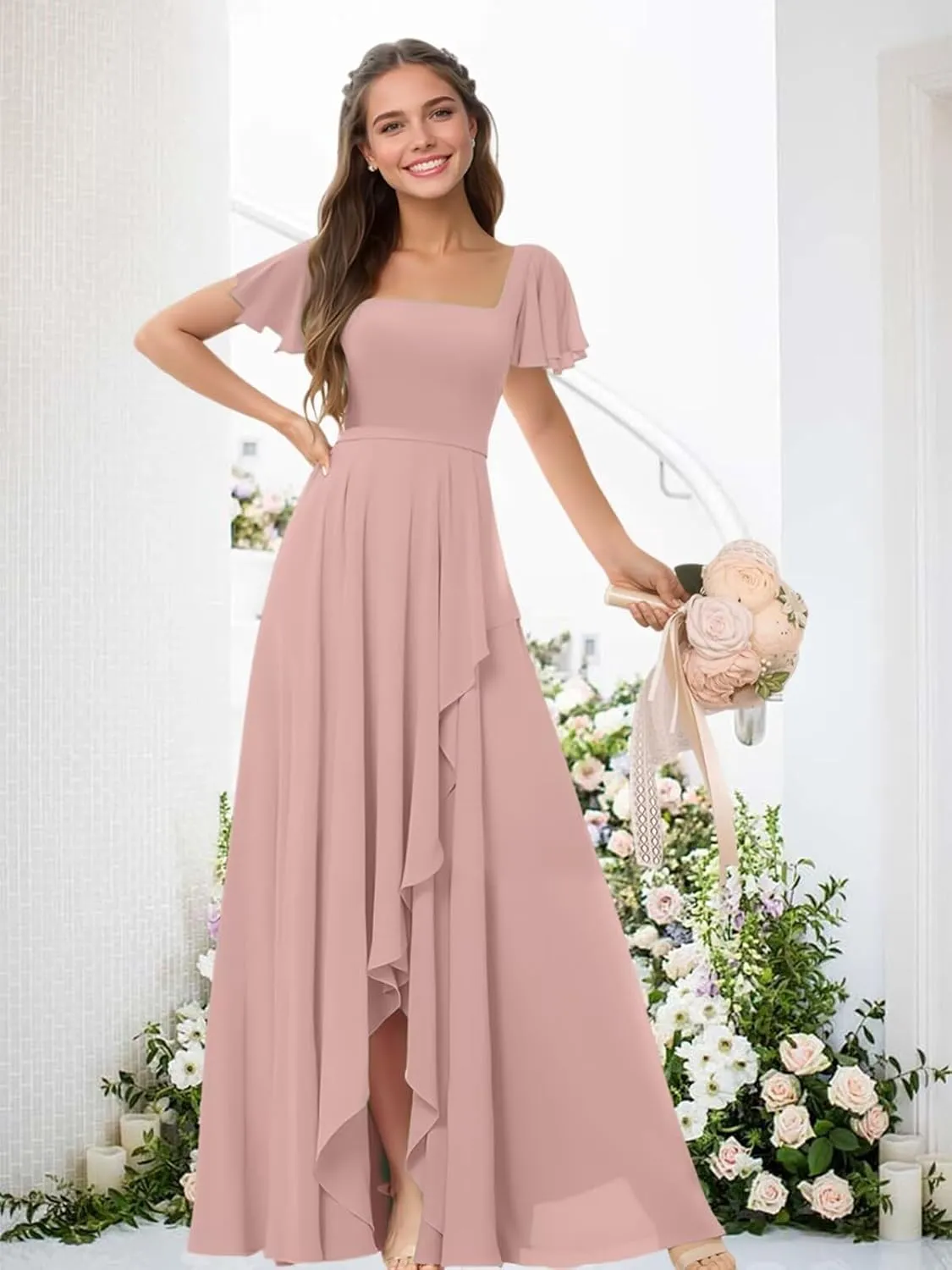 Square Neck Bridesmaid Dresses for Women Chiffon Flutter Sleeves Evening Formal Dress with Slit