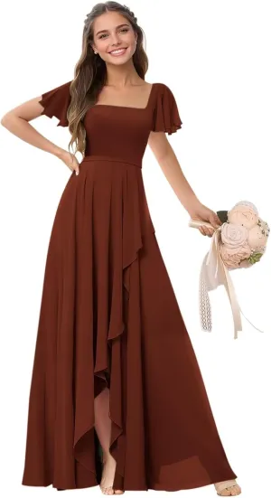 Square Neck Bridesmaid Dresses for Women Chiffon Flutter Sleeves Evening Formal Dress with Slit