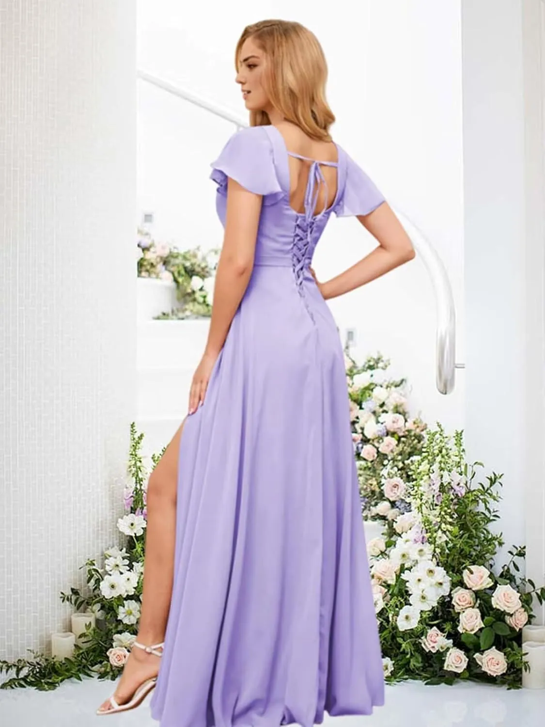 Square Neck Bridesmaid Dresses for Women Chiffon Flutter Sleeves Evening Formal Dress with Slit