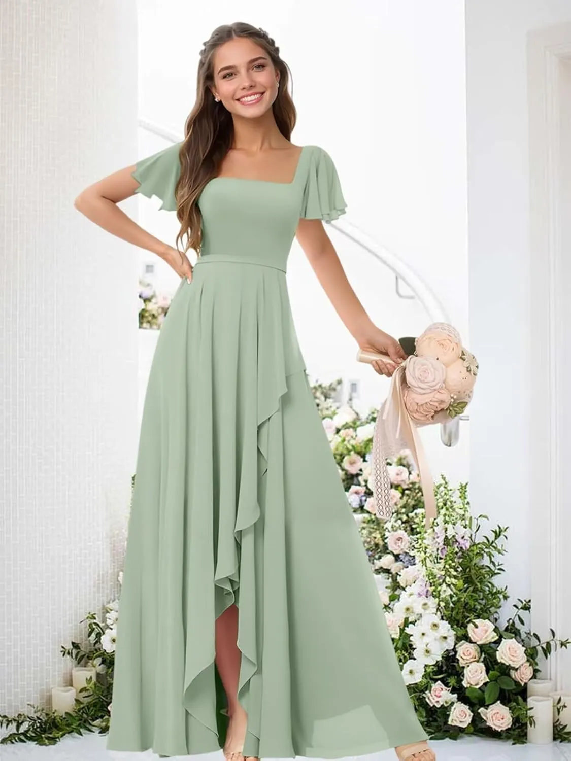 Square Neck Bridesmaid Dresses for Women Chiffon Flutter Sleeves Evening Formal Dress with Slit