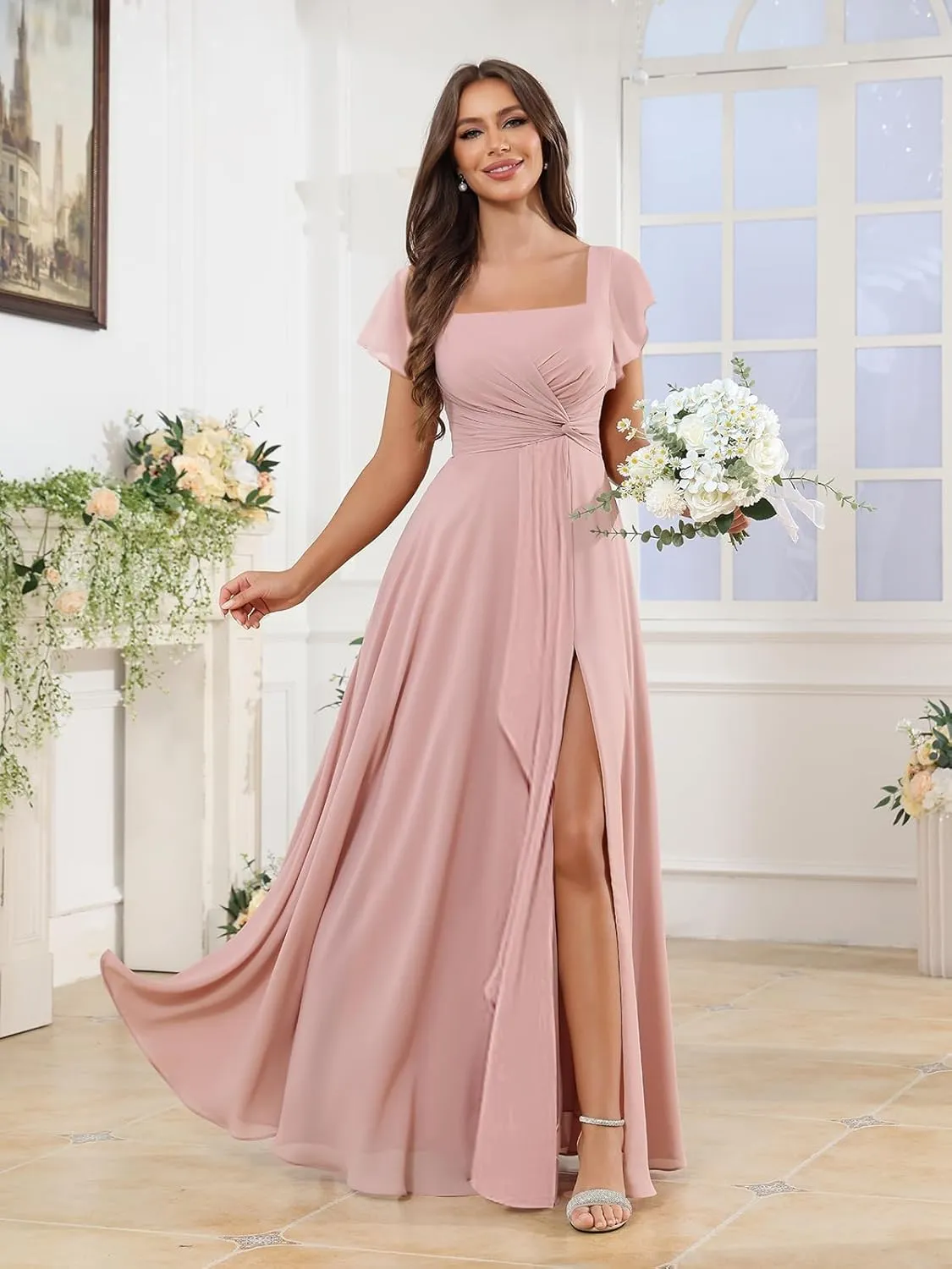 Square Neck Chiffon Bridesmaid Dresses for Women with Slit A-line Flutter Sleeve Formal Evening Dress