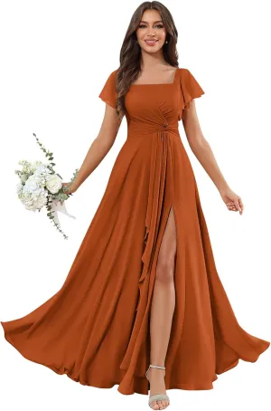 Square Neck Chiffon Bridesmaid Dresses for Women with Slit A-line Flutter Sleeve Formal Evening Dress