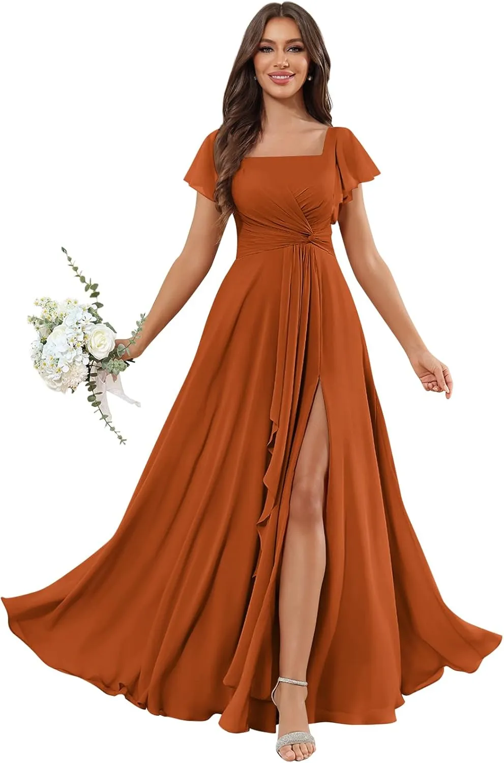 Square Neck Chiffon Bridesmaid Dresses for Women with Slit A-line Flutter Sleeve Formal Evening Dress