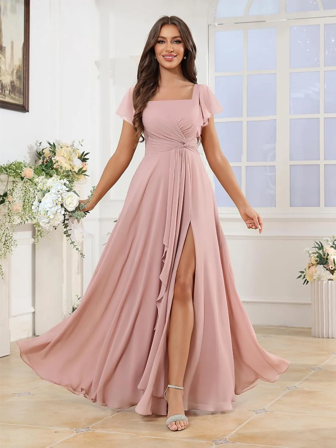 Square Neck Chiffon Bridesmaid Dresses for Women with Slit A-line Flutter Sleeve Formal Evening Dress