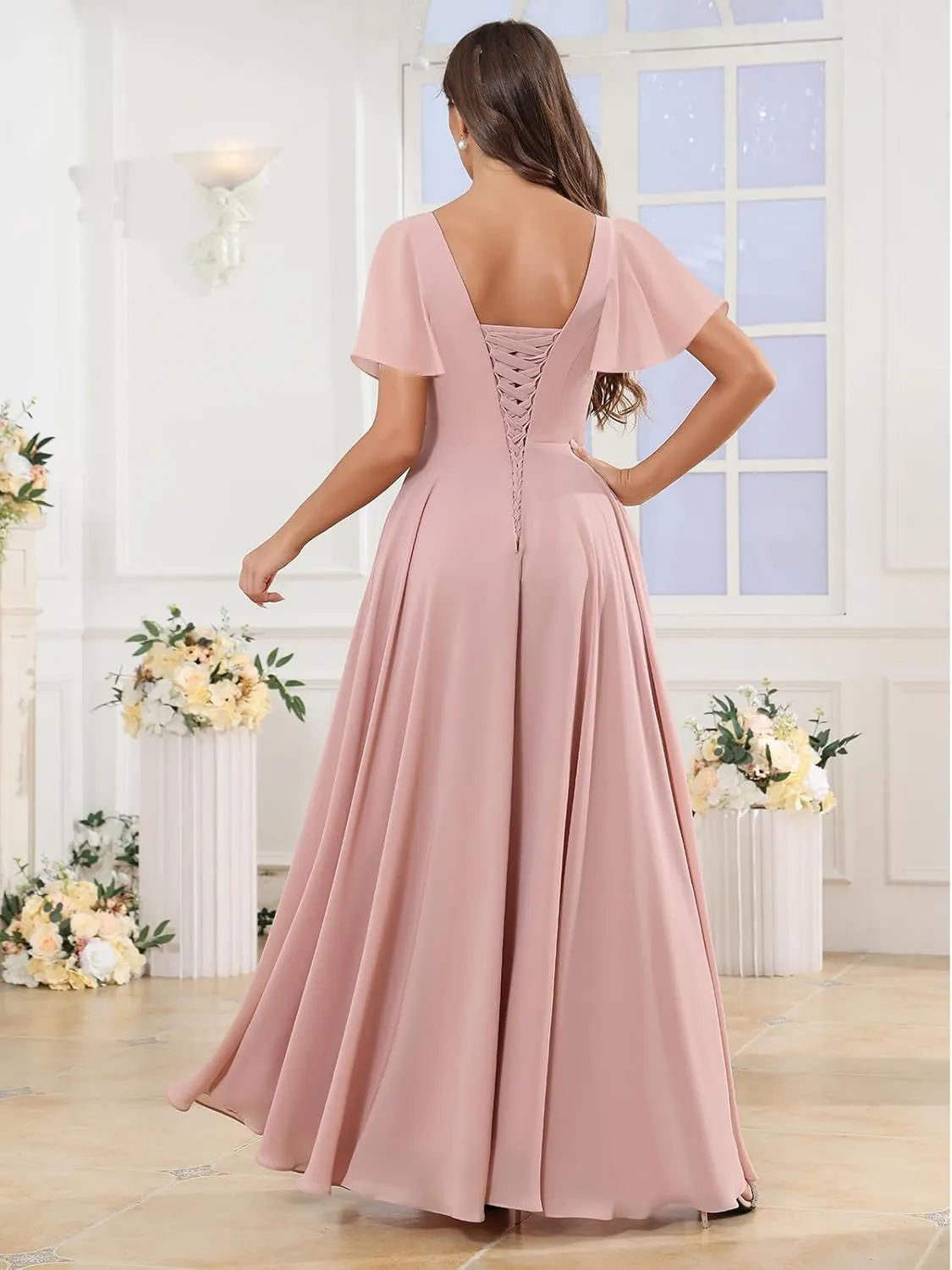 Square Neck Chiffon Bridesmaid Dresses for Women with Slit A-line Flutter Sleeve Formal Evening Dress