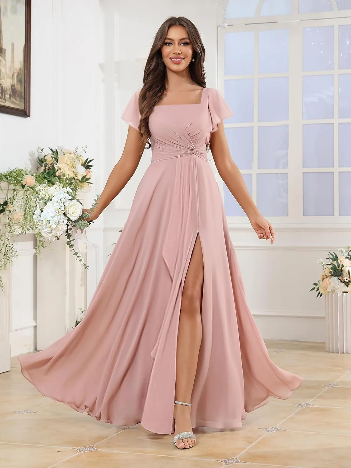 Square Neck Chiffon Bridesmaid Dresses for Women with Slit A-line Flutter Sleeve Formal Evening Dress
