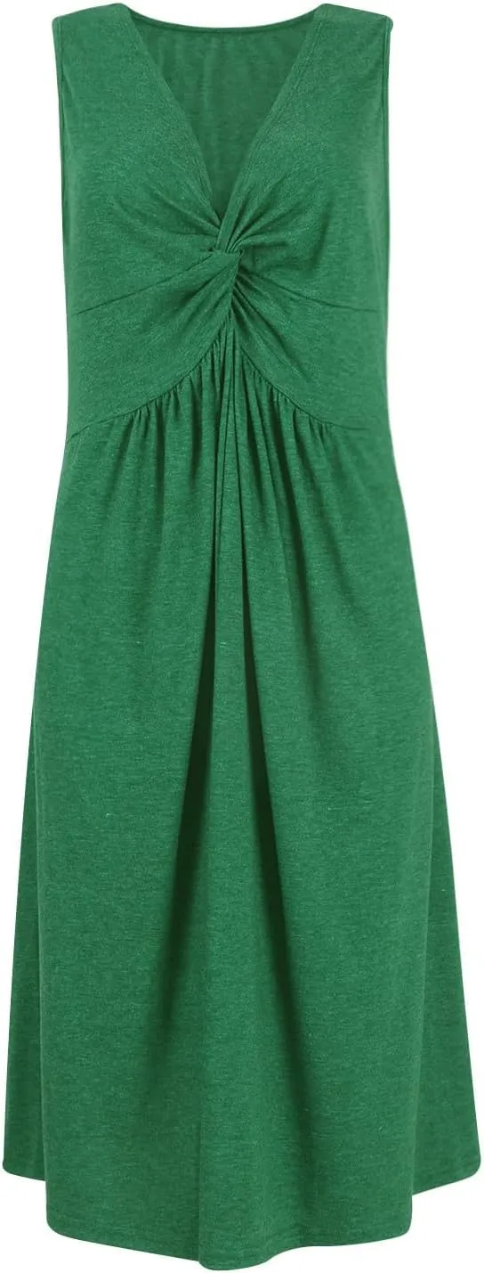 Summer Dresses for Women Sexy Deep V Neck Front Twist Knot Tank Mini Dress Casual Sleeveless Tunic Dress Beach Sundress