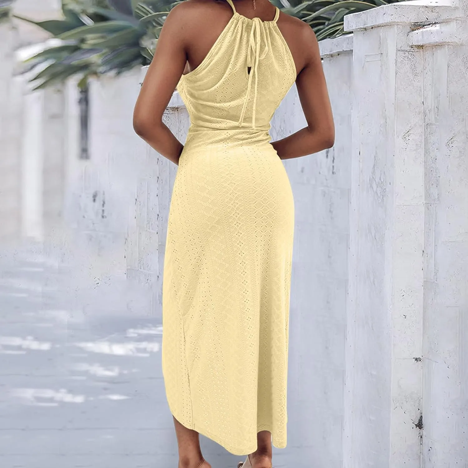 Summer Eyelet Cocktail Dresses for Women Boho Beach Sexy Hollow Out Lace Crochet Halter Ruched Split Bodycon Midi Dress