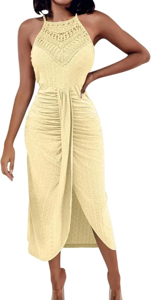 Summer Eyelet Cocktail Dresses for Women Boho Beach Sexy Hollow Out Lace Crochet Halter Ruched Split Bodycon Midi Dress
