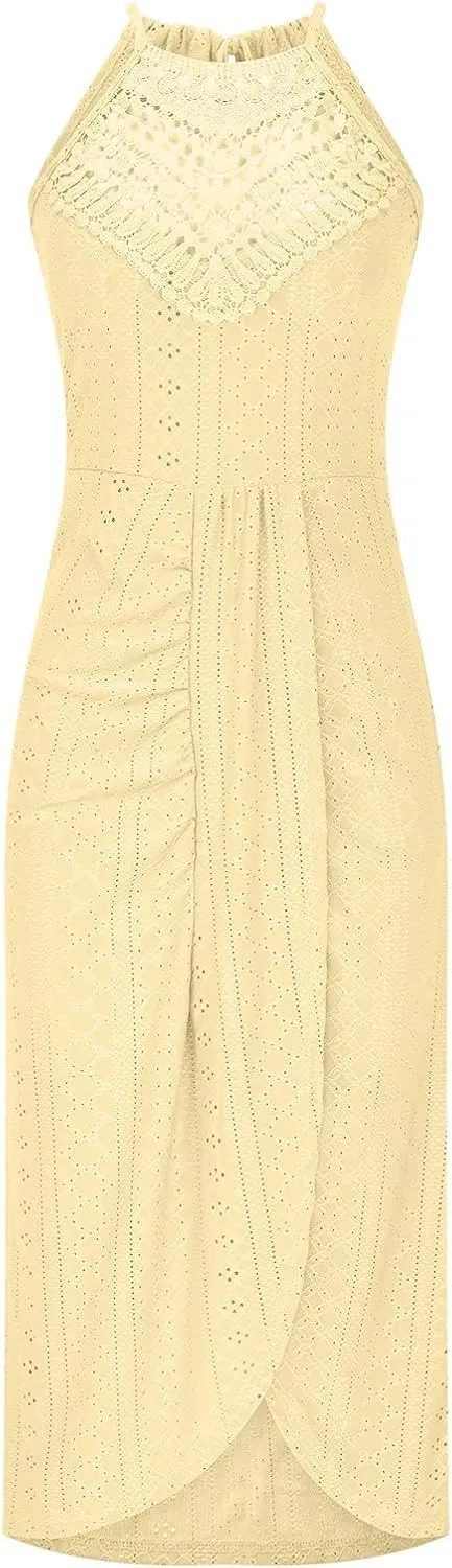 Summer Eyelet Cocktail Dresses for Women Boho Beach Sexy Hollow Out Lace Crochet Halter Ruched Split Bodycon Midi Dress