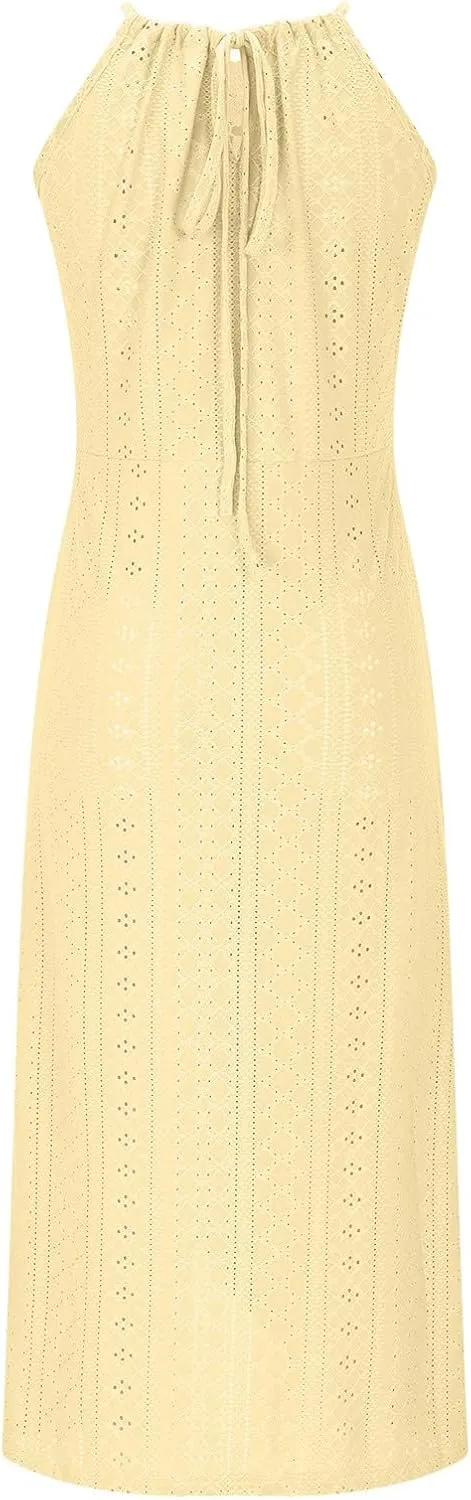 Summer Eyelet Cocktail Dresses for Women Boho Beach Sexy Hollow Out Lace Crochet Halter Ruched Split Bodycon Midi Dress