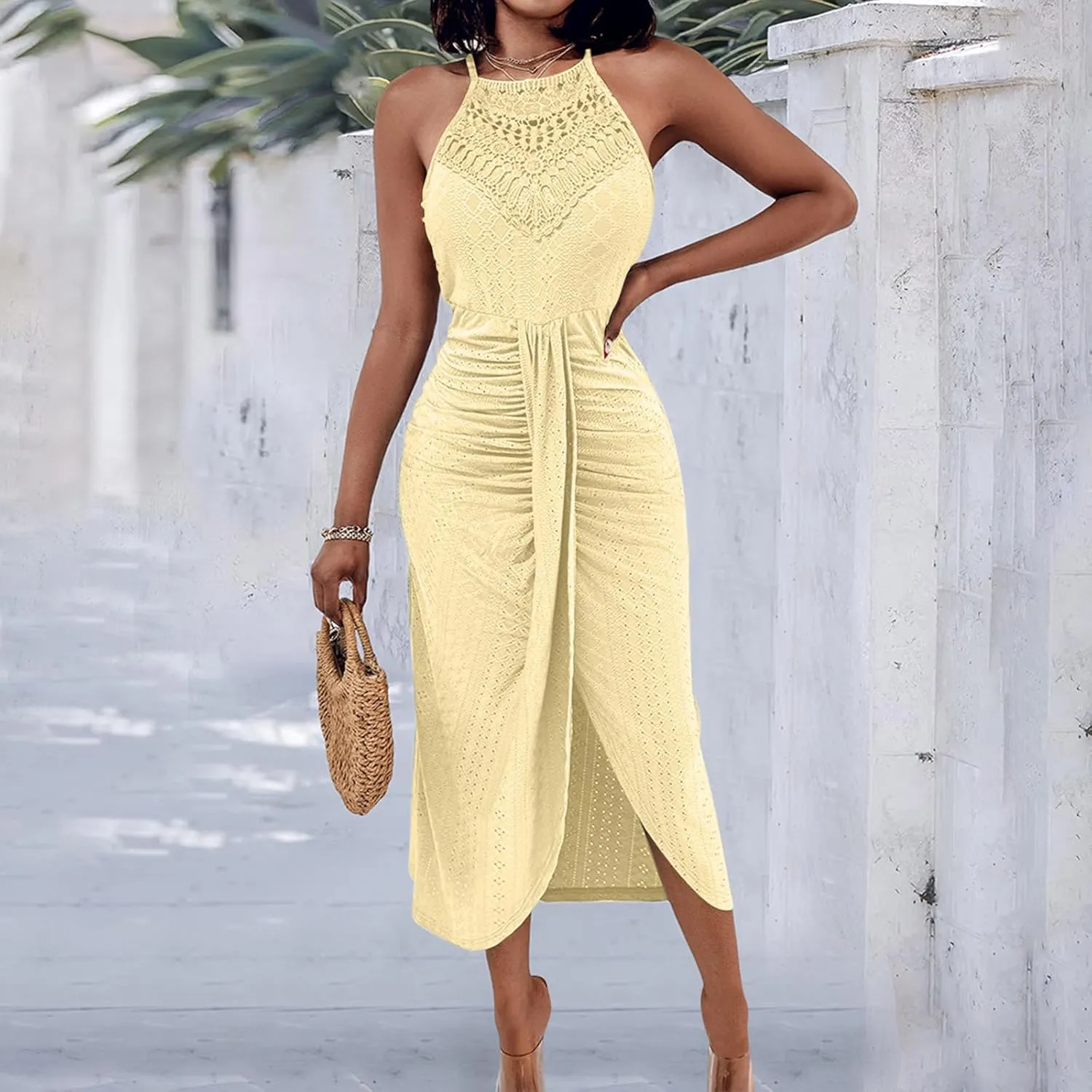 Summer Eyelet Cocktail Dresses for Women Boho Beach Sexy Hollow Out Lace Crochet Halter Ruched Split Bodycon Midi Dress