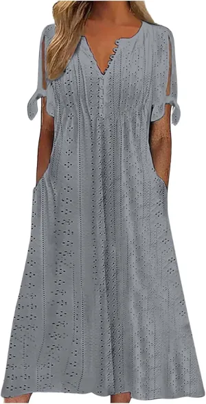 Summer Maxi Dresses for Women 2025 Trendy Short Sleeve Eyelet Flowy Tshirt Dress Casual Summer Beach Vacation Long Sundress