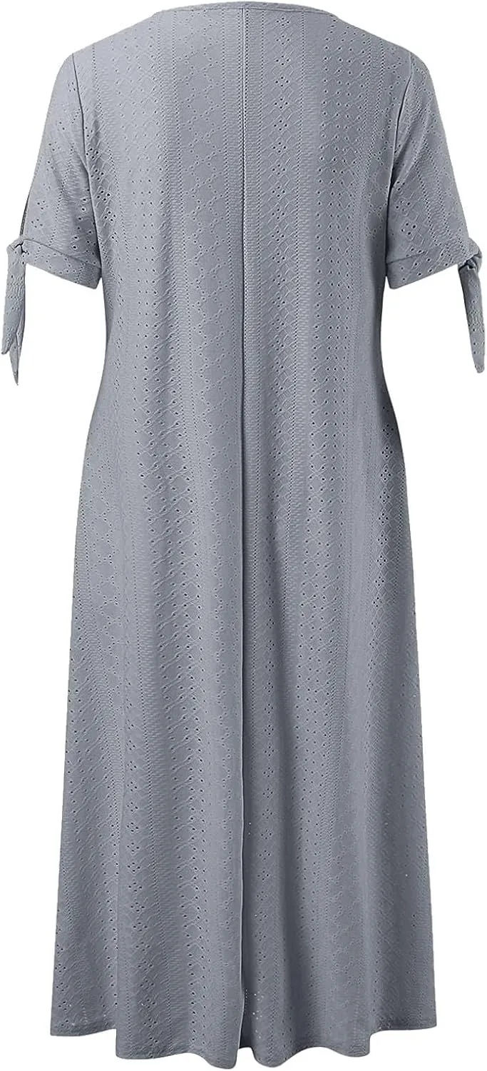 Summer Maxi Dresses for Women 2025 Trendy Short Sleeve Eyelet Flowy Tshirt Dress Casual Summer Beach Vacation Long Sundress