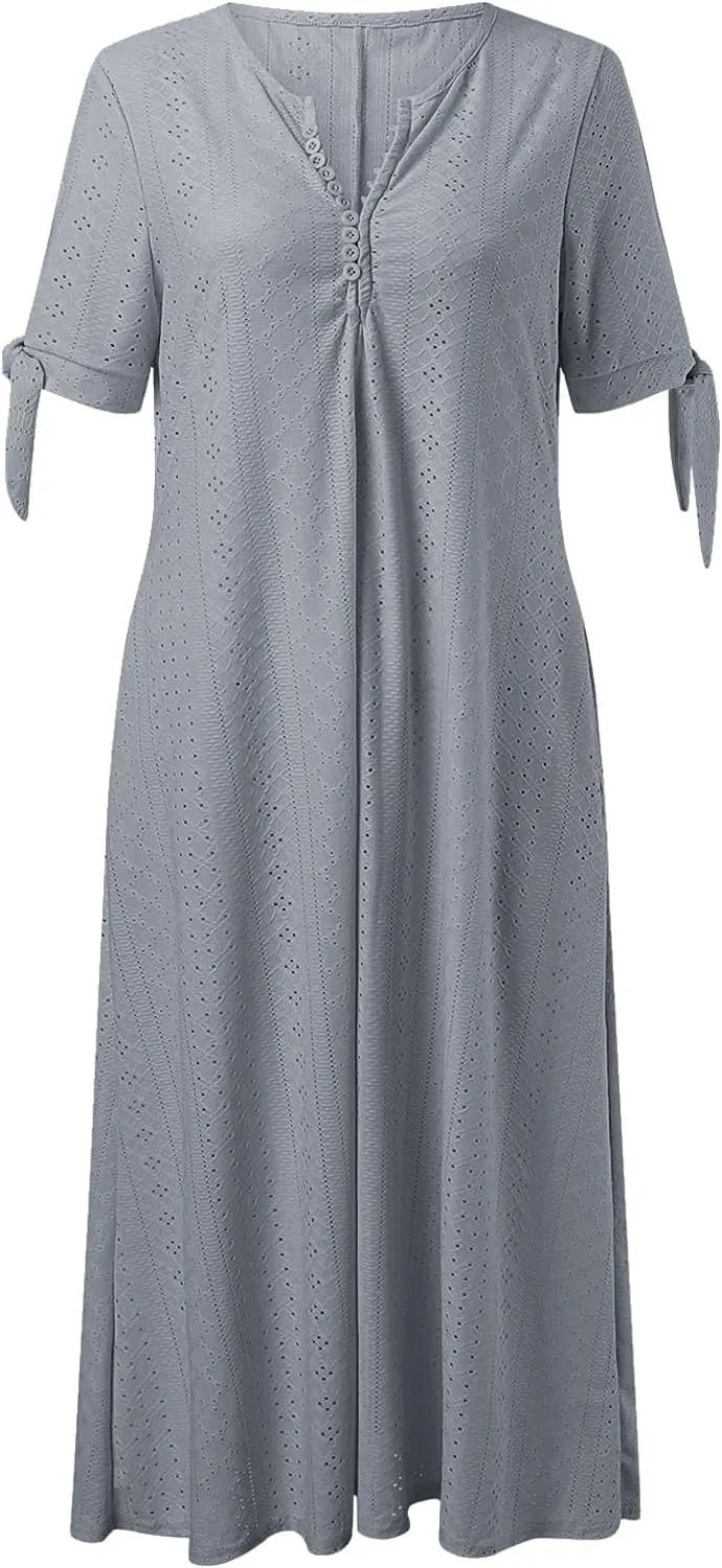Summer Maxi Dresses for Women 2025 Trendy Short Sleeve Eyelet Flowy Tshirt Dress Casual Summer Beach Vacation Long Sundress