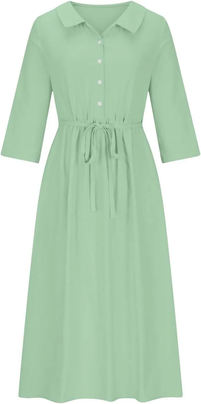 Summer Maxi Dresses Women's 2025 Plus Size Cotton Linen Dress 3/4 Sleeve Long Boho Spring Clothes Casual Resort Wears