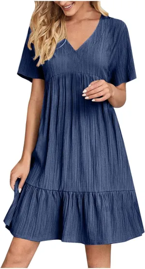 Summer Tiered Mini Dresses for Women Summer Ruffle Short Sleeve V Neck Beach Dress Swing A-Line Babydoll Dress
