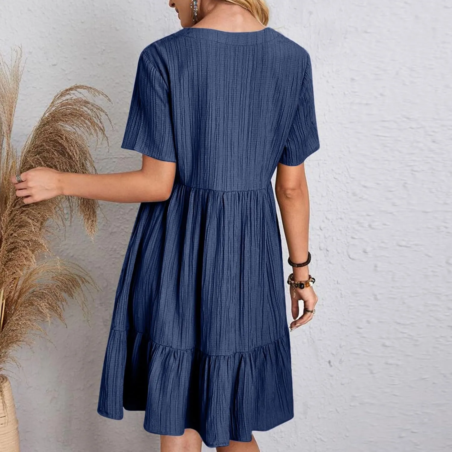 Summer Tiered Mini Dresses for Women Summer Ruffle Short Sleeve V Neck Beach Dress Swing A-Line Babydoll Dress