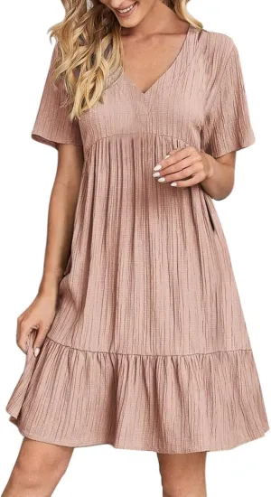 Sun Dresses for Women 2025 Vacation Summer Casual Short Sleeve V Neck Flowy Swing Dress Pleated Ruffle Beach Sundress