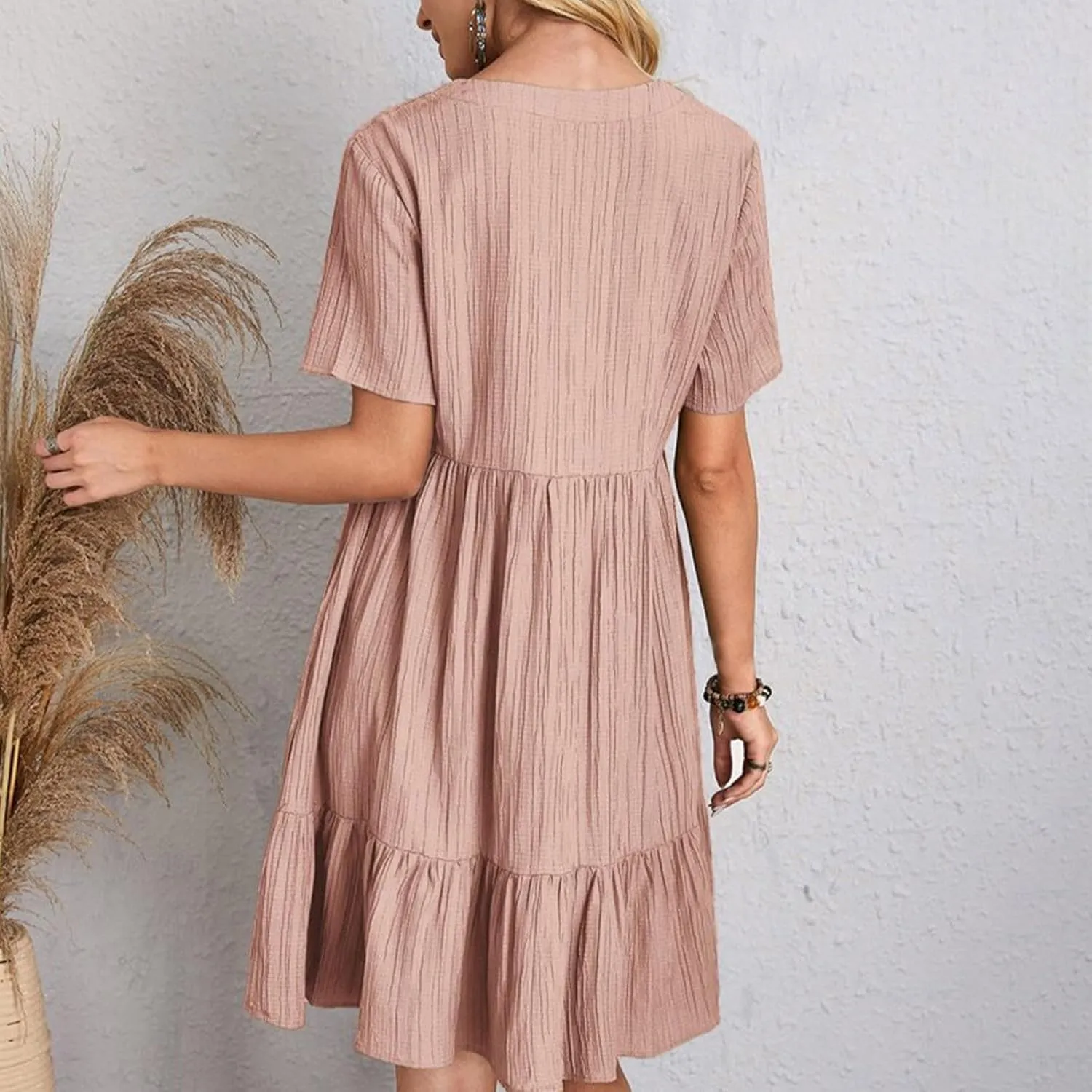 Sun Dresses for Women 2025 Vacation Summer Casual Short Sleeve V Neck Flowy Swing Dress Pleated Ruffle Beach Sundress