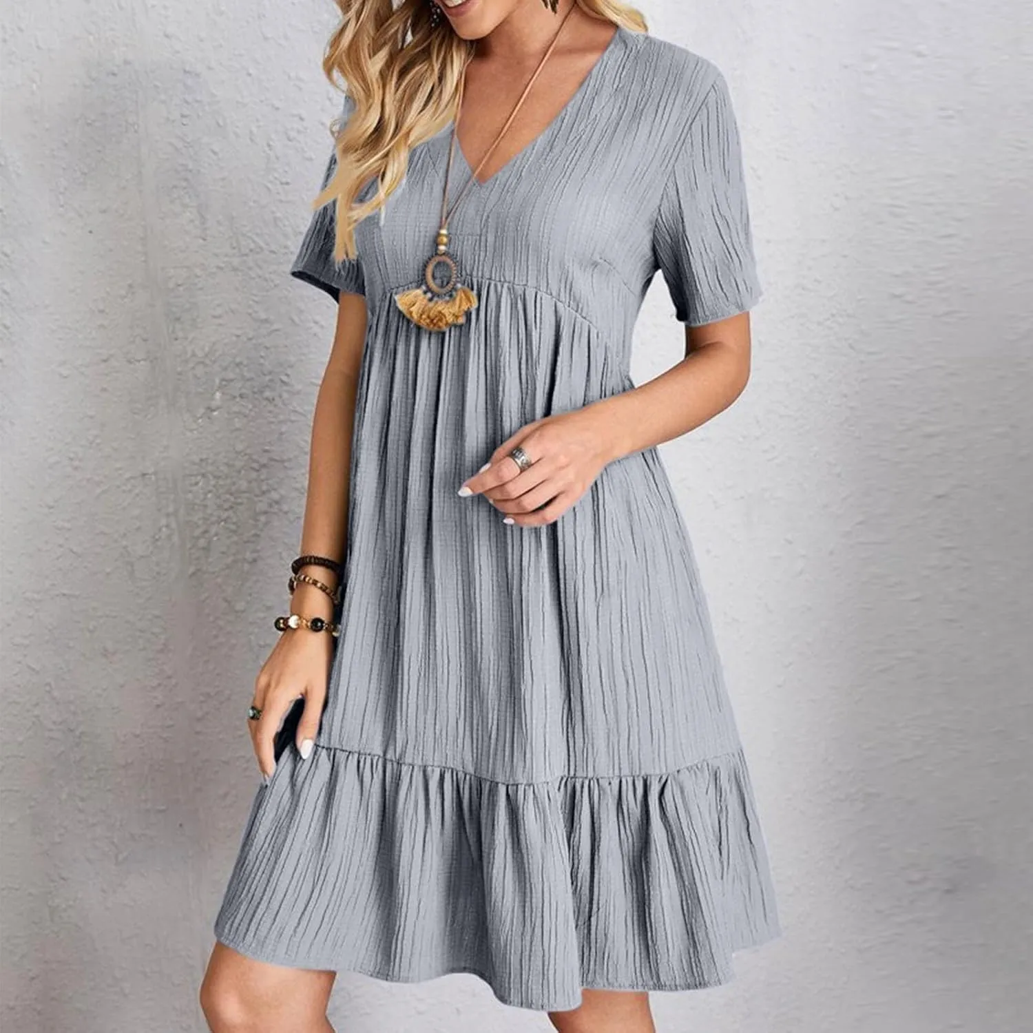 Sun Dresses for Women 2025 Vacation Summer Casual Short Sleeve V Neck Flowy Swing Dress Pleated Ruffle Beach Sundress