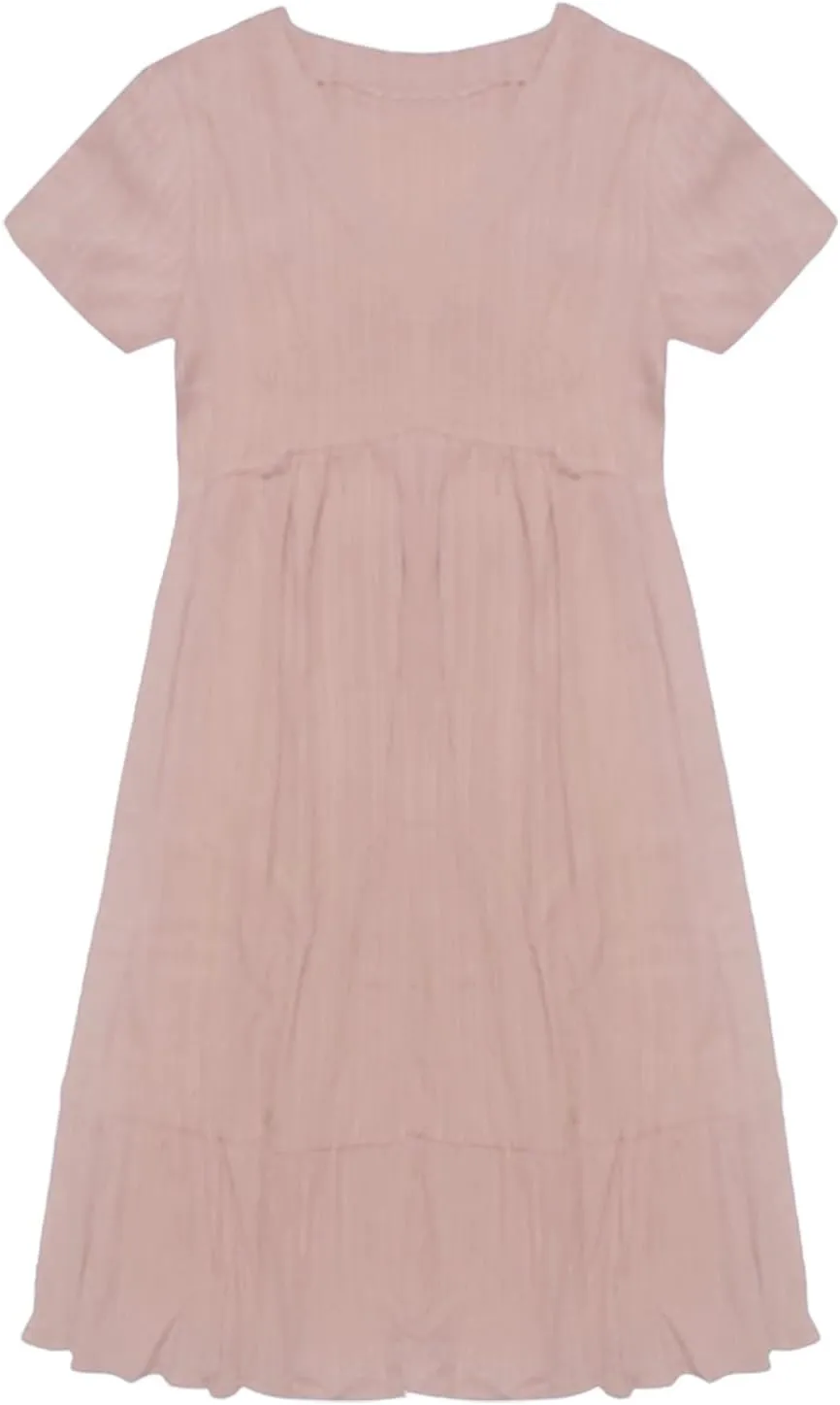 Sun Dresses for Women 2025 Vacation Summer Casual Short Sleeve V Neck Flowy Swing Dress Pleated Ruffle Beach Sundress