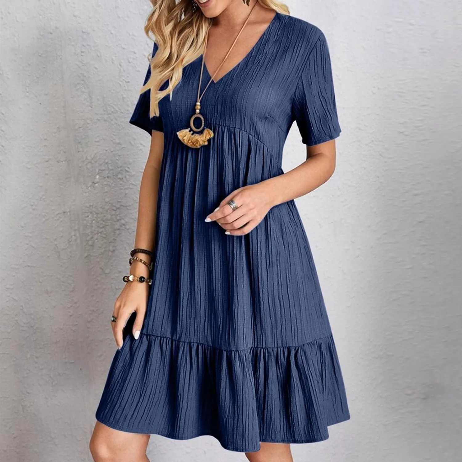 Sun Dresses for Women 2025 Vacation Summer Casual Short Sleeve V Neck Flowy Swing Dress Pleated Ruffle Beach Sundress
