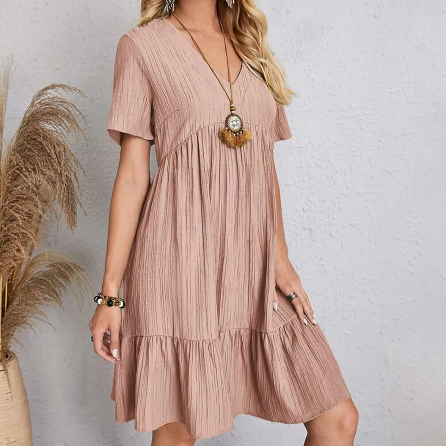 Sun Dresses for Women 2025 Vacation Summer Casual Short Sleeve V Neck Flowy Swing Dress Pleated Ruffle Beach Sundress