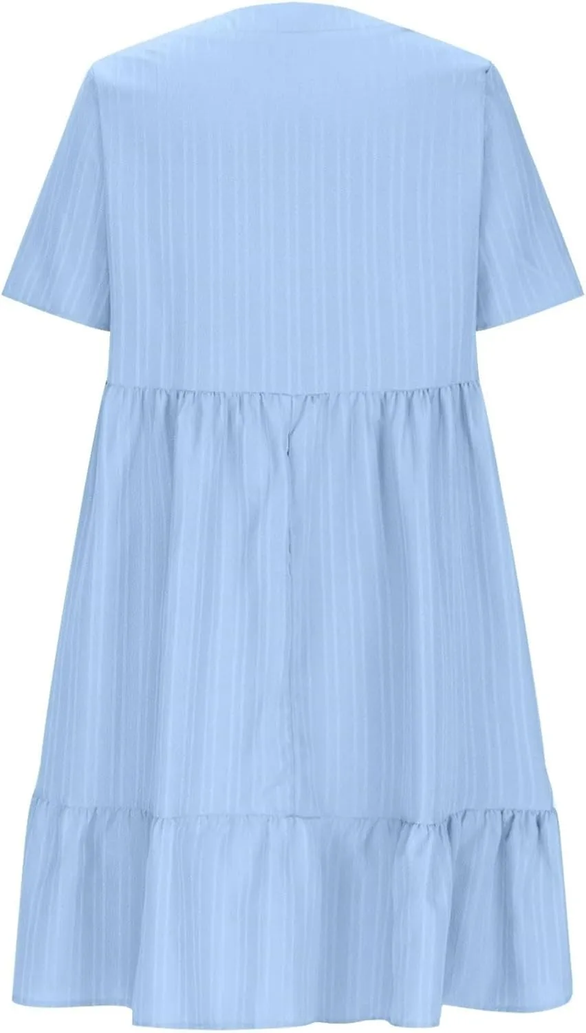 Sun Dresses for Women 2025 Vacation Summer Casual Short Sleeve V Neck Flowy Swing Dress Pleated Ruffle Beach Sundress