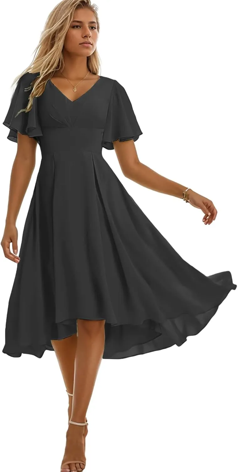 Tea Length Bridesmaid Dresses for Women Ruffles Chiffon Formal Dress with Sleeves Corset Evening Gowns