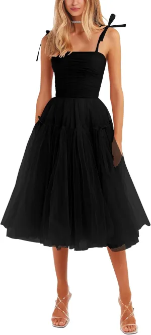 Tea Length Cocktail Dresses for Women Corset Spaghetti Straps A-line Formal Prom Dress with Bows