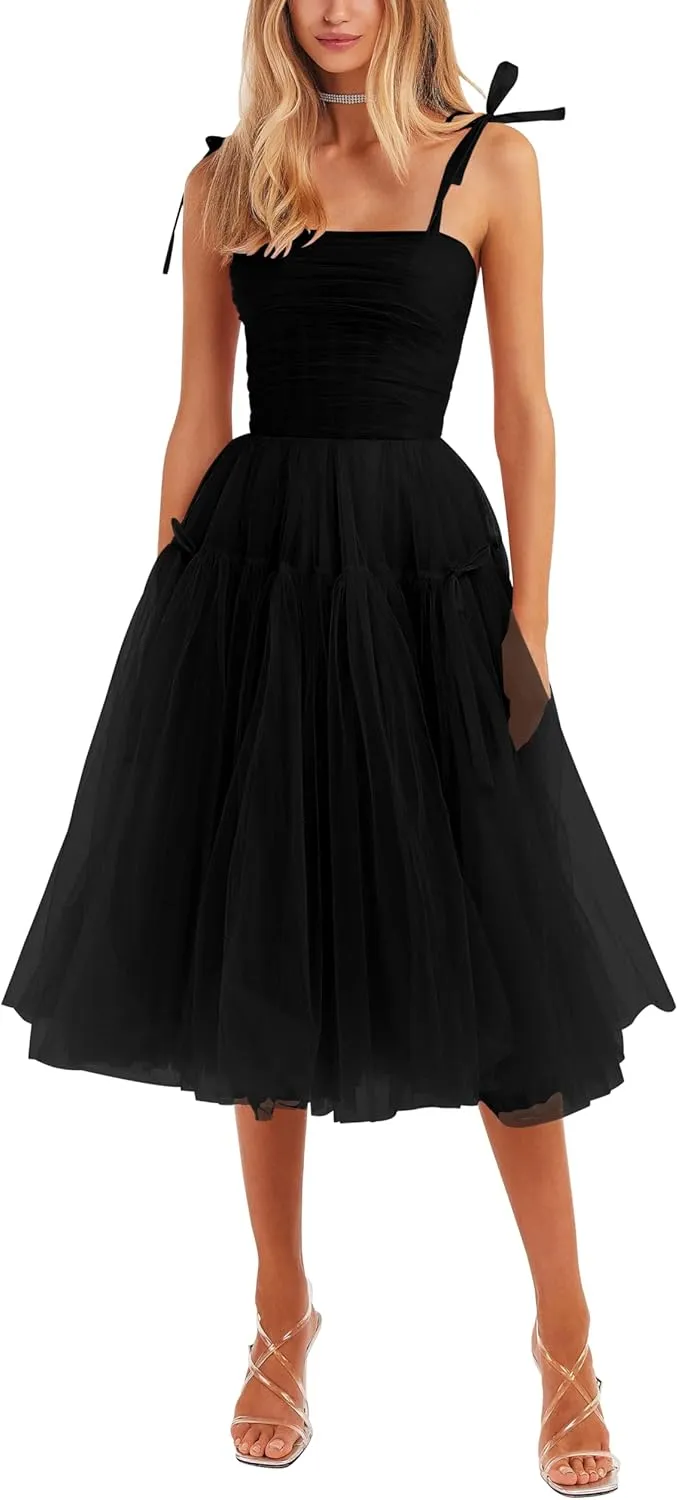 Tea Length Cocktail Dresses for Women Corset Spaghetti Straps A-line Formal Prom Dress with Bows