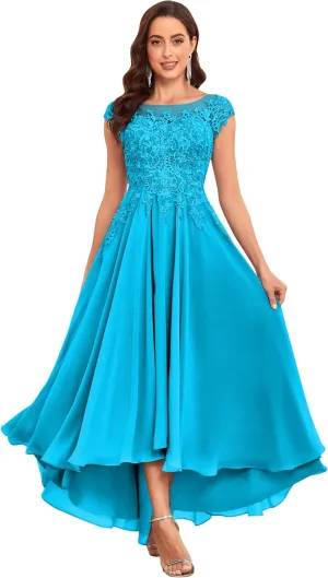 Tea Length Mother of The Bride Dresses for Wedding 2025 Cap Sleeves Lace Chiffon Formal Gown with Pockets