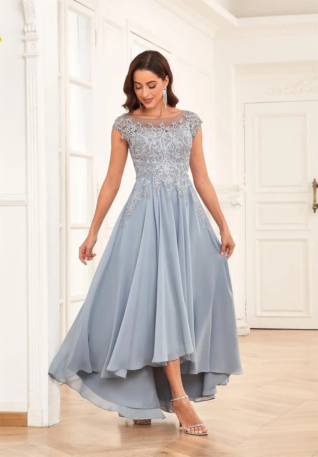 Tea Length Mother of The Bride Dresses for Wedding 2025 Cap Sleeves Lace Chiffon Formal Gown with Pockets
