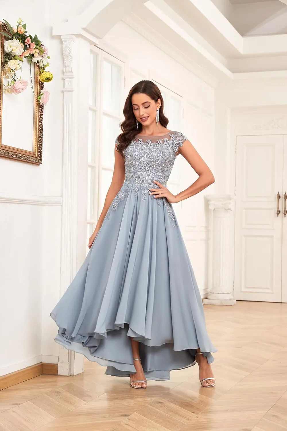 Tea Length Mother of The Bride Dresses for Wedding 2025 Cap Sleeves Lace Chiffon Formal Gown with Pockets