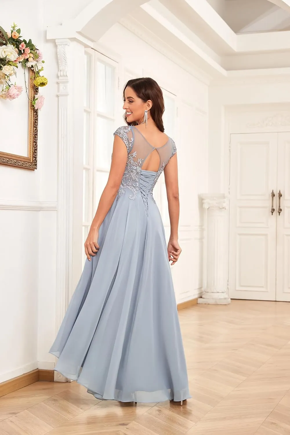 Tea Length Mother of The Bride Dresses for Wedding 2025 Cap Sleeves Lace Chiffon Formal Gown with Pockets